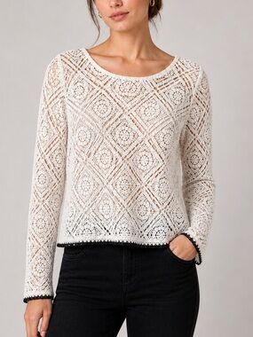 Ultra Pink Crochet Lace Crop Top Boho Cottagecore Long Sleeve Cotton XS